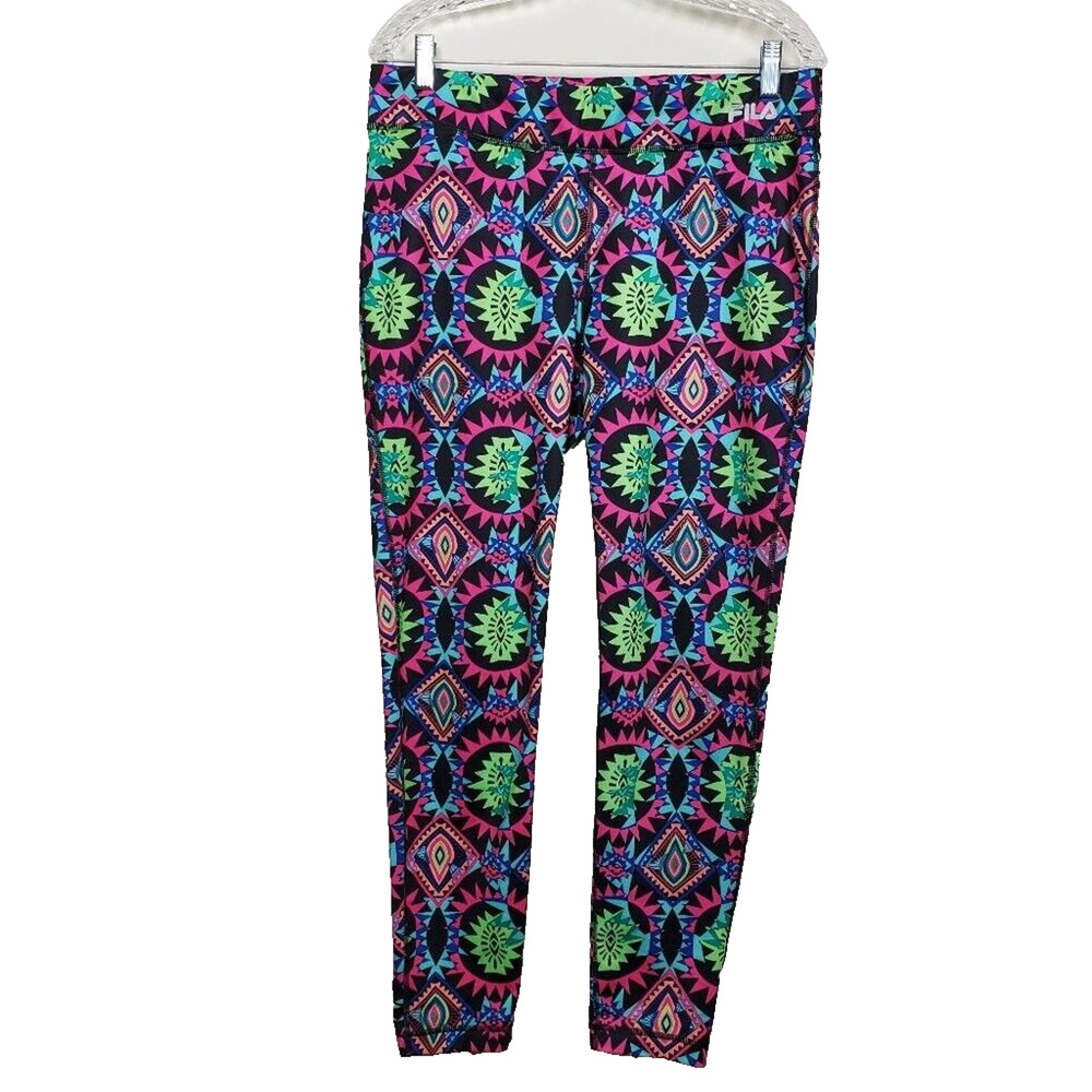 Fila Sport Geometric Neon Leggings Womens L Running Workout Pants Black Colorful